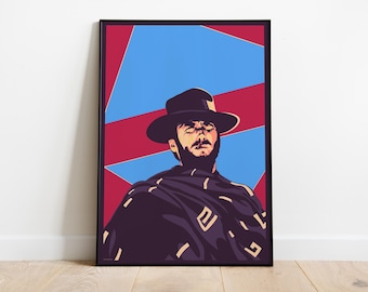 May include: A stylized illustration of a man wearing a black hat and a dark purple poncho with gold accents. The background is a blue and red geometric pattern.