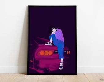 Póster Vaporwave de Japón - Lámina artística retro de Tokyo Drift - Decoración de carreras callejeras de los 80 y 90