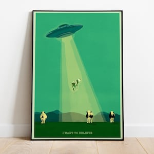 Voglio credere, alieno fantascientifico, rapimento di mucche UFO retrò, fattoria divertente - Poster di stampa di illustrazioni artistiche, carta semi-lucida premium