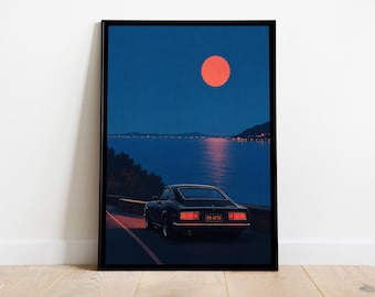 Póster de paseo nocturno por la costa - Arte automovilístico con estética synthwave de los 80 - Decoración de pared con temática de océano a la luz de la luna