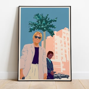 Miami Vice, Don Johnson, James &quot;Sonny&quot; Crockett - 80s Tv Series, Artwork Illustration Print Movie Poster, Premium Semi-Glossy Paper