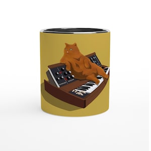 May include: A brown cat sits on a vintage synthesizer with a yellow background. The cat is playing the keys with its paws.