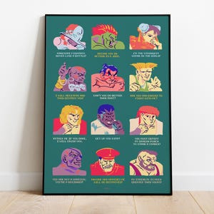 Stampe di personaggi di Street Fighter II, arte di videogiochi retrò, classici arcade anni '90 - Poster di stampa illustrativa, carta semi-lucida premium
