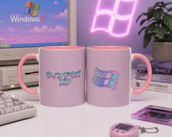 Taza estilo Vaporwave con Windows XP - Taza de café retro Y2K - Regalo de nostalgia cibernética japonesa - Taza tecnológica Kawaii