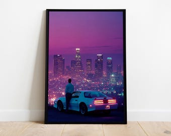 Póster Synthwave de Los Ángeles - Decoración de pared con paisaje urbano retro neón vaporwave