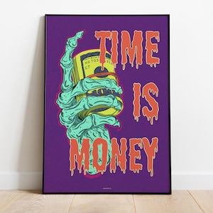 Il tempo è denaro, Skeleton Dollar Punk, Cash Business Quote - Illustrazione artistica Stampa poster, carta semi-lucida premium
