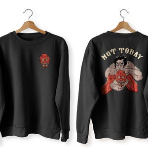 Not Today Oni, Samurai Warrior VS Demon, Japanese Mythology Tee, Tattoo Traditional Art  - HQ Print Classic Unisex Crewneck Sweatshirt