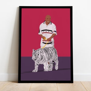 Peut inclure: Illustration numérique d'un homme portant une chemise blanche avec le texte "Tommy Hilfiger" dessus, tenant une laisse attachée à un tigre blanc. L'arrière-plan est de couleur rose unie.