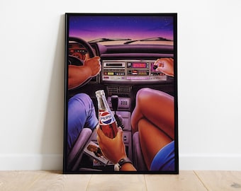 Póster retro de paseo nocturno - Lámina decorativa de pared estilo synthwave de los 80