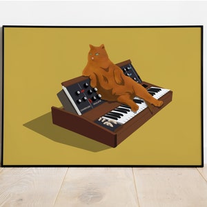 Synth Cat, Synthesizer Love, Moog vintage - Affiche imprimée d'illustrations musicales, papier semi-brillant premium