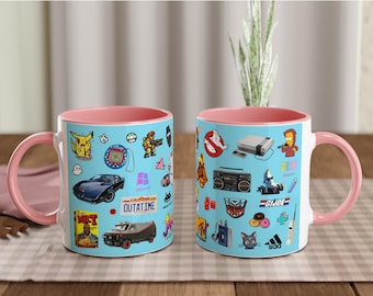 Retro 80s 90s Pop Culture Mug, Vintage Aesthetic Cup, Gamer Anime Cartoon Mug