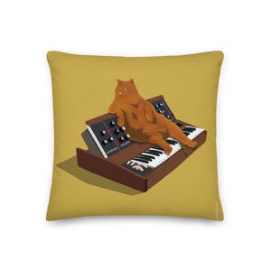 Synth Cat, Synthesiser Love, Vintage Moog - Music Artwork Illustration Print, Premium Pillow (18″ × 18″ - 45 x 45cm)