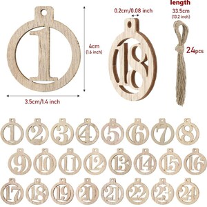 May include: Wooden Christmas ornament set with numbers 1-24. Each ornament is a circle with a number cutout, measuring 1.4 inches in diameter and 1.6 inches in height. Includes a twine string, 13.2 inches long, and 24 pieces.