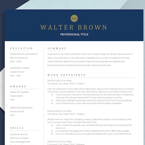 May include: A resume template with a blue background and gold text. The resume is for Walter Brown, who has a professional title. The resume includes sections for education, work experience, awards, skills, and a summary.