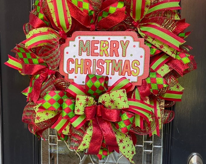 Welcome Wreath Merry Christmas Red White Green Deco Mesh December Front ...