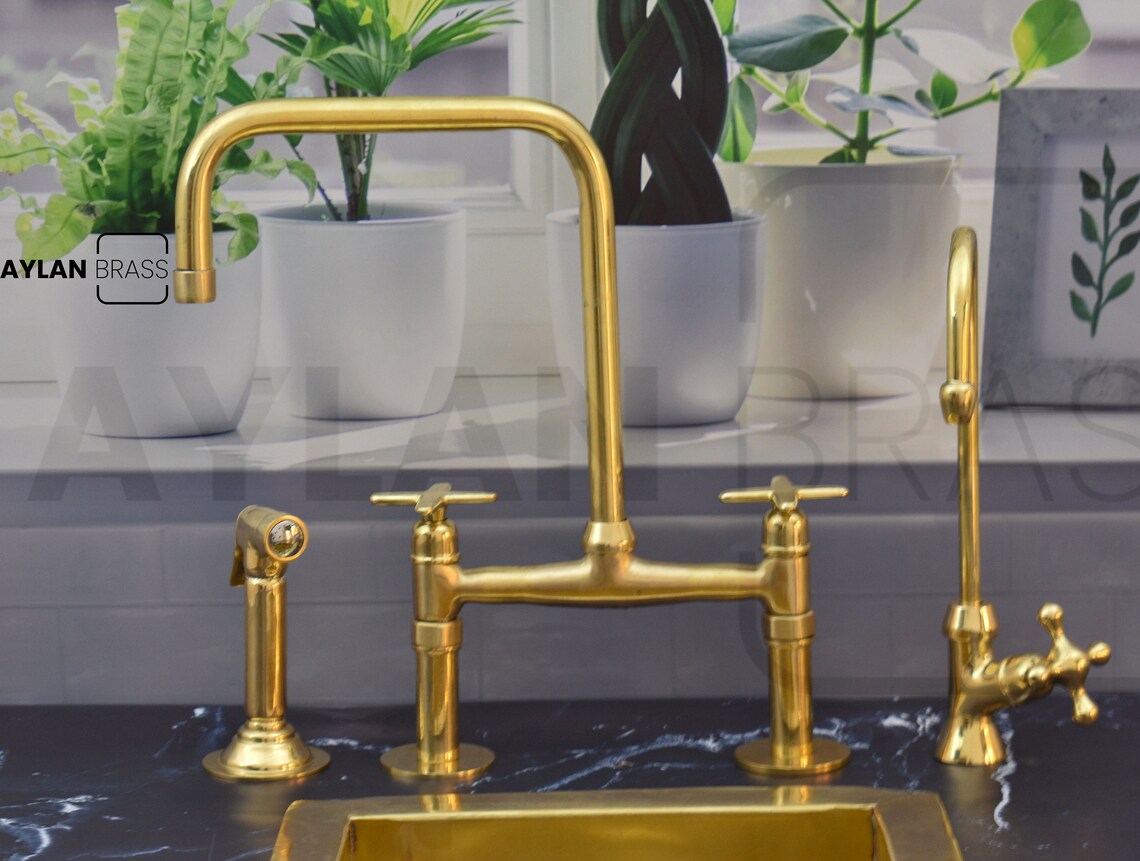 Unlacquered Brass Bridge Kitchen Faucet Brass Faucet Bridge Etsy