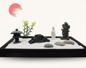 Japanese Zen Garden Kit, Japanese Desk Decor, Temple Monk Crossing Bridge, Bonsai Decor, Yoga, Zen Buddhism, Feng Shui