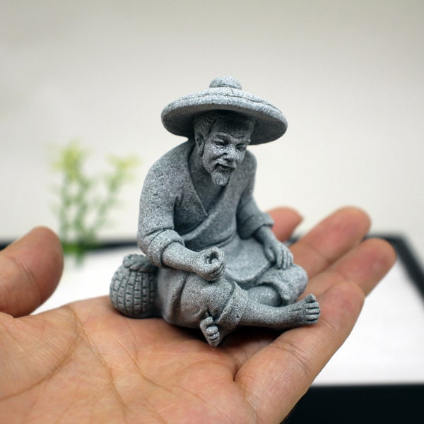 Fishing Man Stone Statue, Zen Garden Decor, Chinese Fengshui Ornament, Japan mini garden accessories, Bonsai Decor, Aquarium Decor