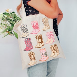 Pink Cowgirl Boots Tote, Coastal Cowgirl Aesthetic, Preppy Beach Tote, Natural Tote Bag, Small Beach Tote, Cowgirl Beach Tote, Beach Bag image 3