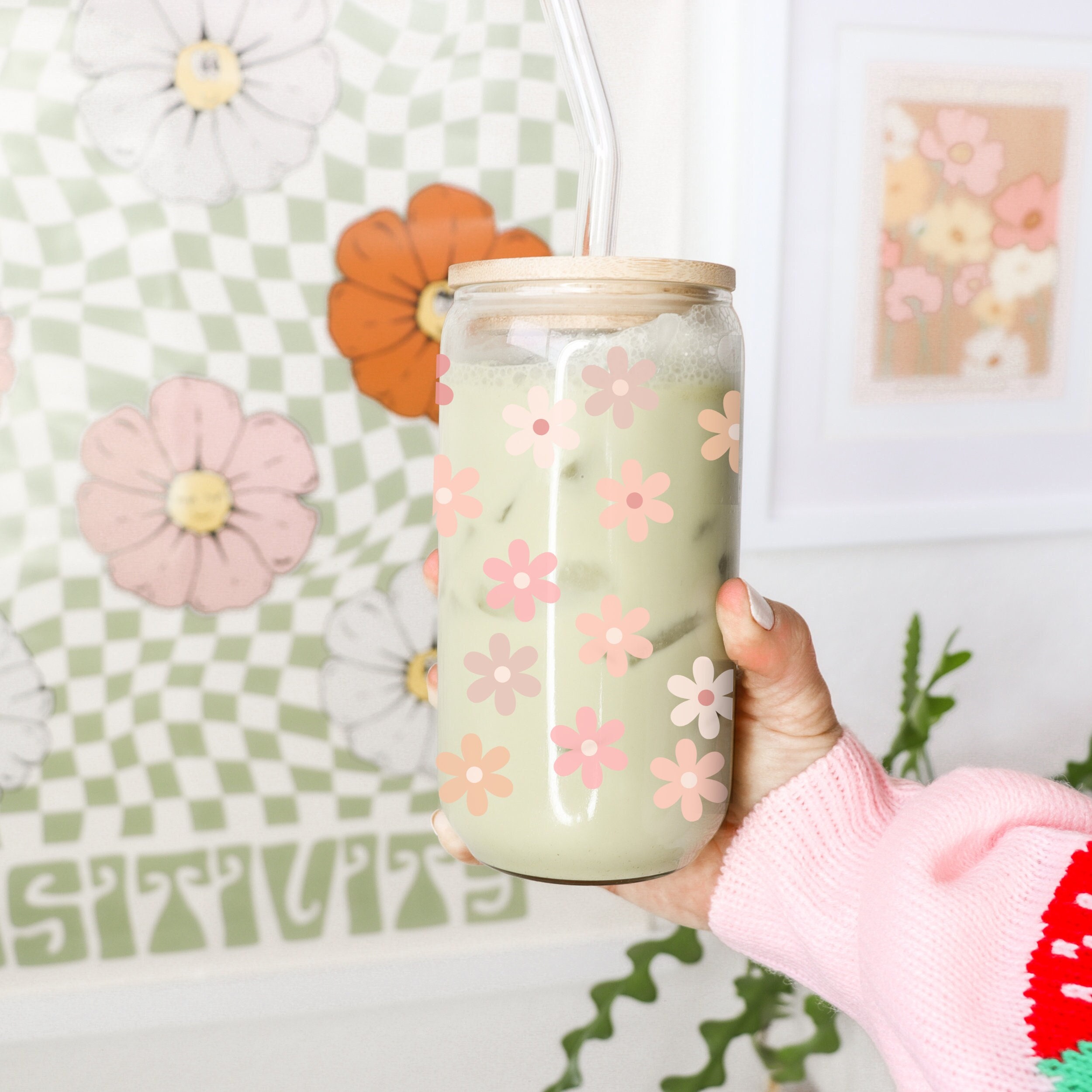 Featured Shops Daisy Glass Soda Can With Lid and Straw 16 oz Smiley Face Libbey  Glass Iced Coffee Cup Bamboo Lid glass tumbler with straw