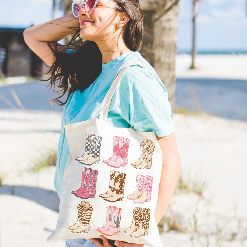 Pink Cowgirl Boots Tote, Coastal Cowgirl Aesthetic, Preppy Beach Tote, Natural Tote Bag, Small Beach Tote, Cowgirl Beach Tote, Beach Bag image 2