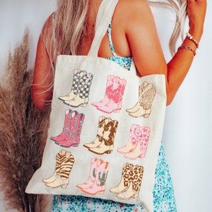 Pink Cowgirl Boots Tote, Coastal Cowgirl Aesthetic, Preppy Beach Tote, Natural Tote Bag, Small Beach Tote, Cowgirl Beach Tote, Beach Bag image 1