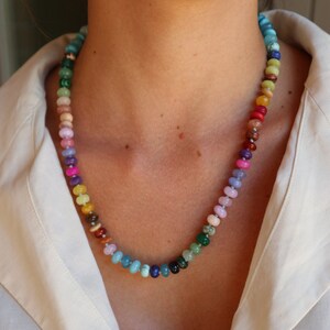 Rainbow hand knotted natural bead necklace with gold plated sterling silver mariner clasp