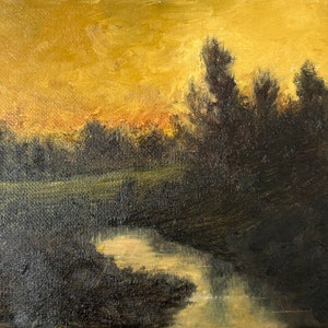 Original Sunset Landscape Oil Painting - Glowing Trees - Unframed