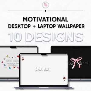 Puede incluir: Un conjunto de 10 fondos de pantalla motivacionales para escritorio y portátil con citas e diseños inspiradores. Los fondos de pantalla incluyen citas como "Las grandes cosas nunca salieron de la zona de confort." y "En las manos de Dios."