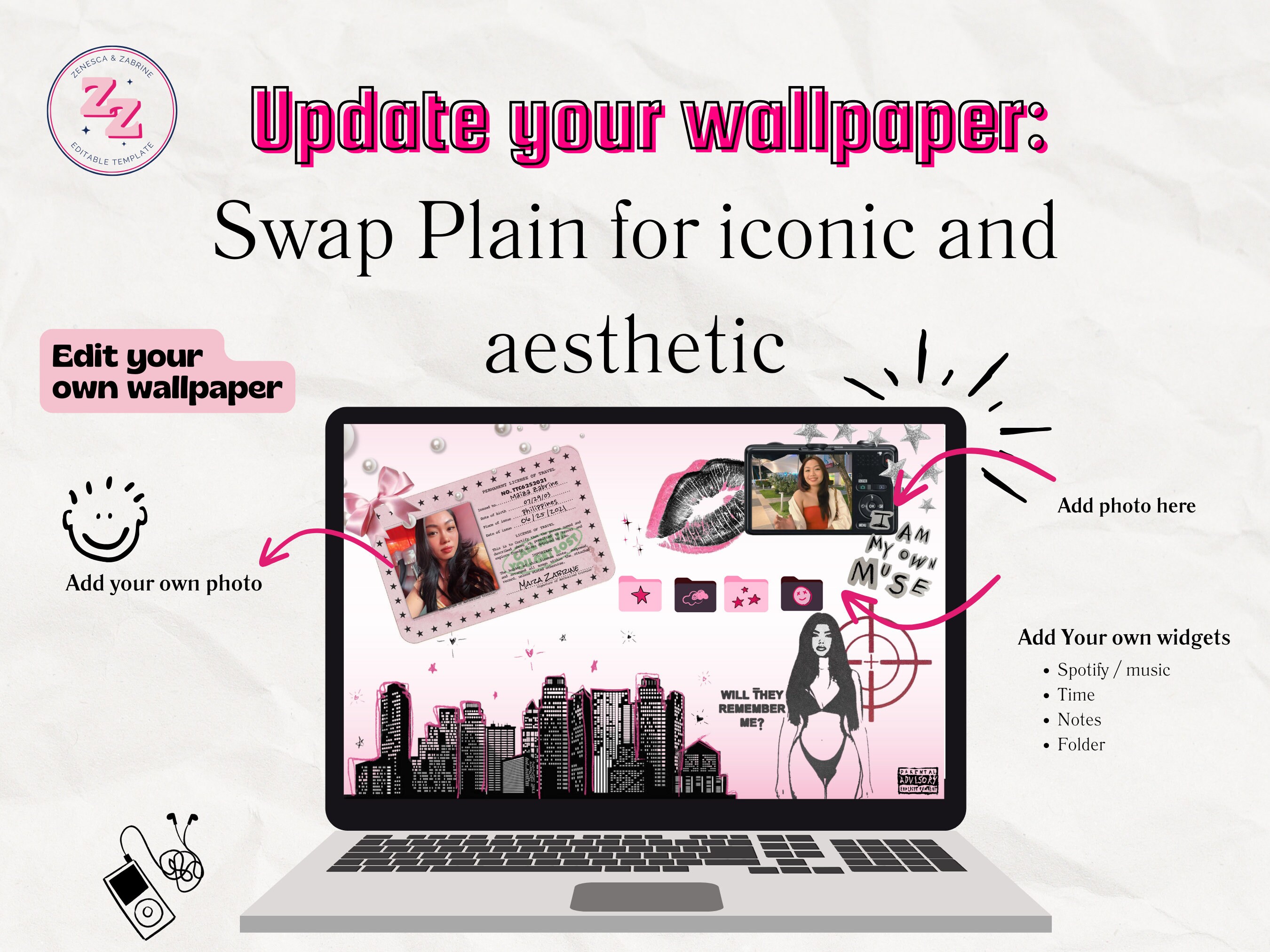 EDITABLE Y2K Desktop MacBook Wallpaper | Y2K Customizable Black Pink ...