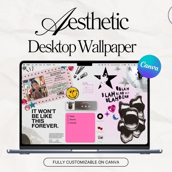EDITABLE Aesthetic Desktop Macbook Wallpaper | Y2K Customizable Black Pink for Hot College Student Girls Study Work Business Productivity