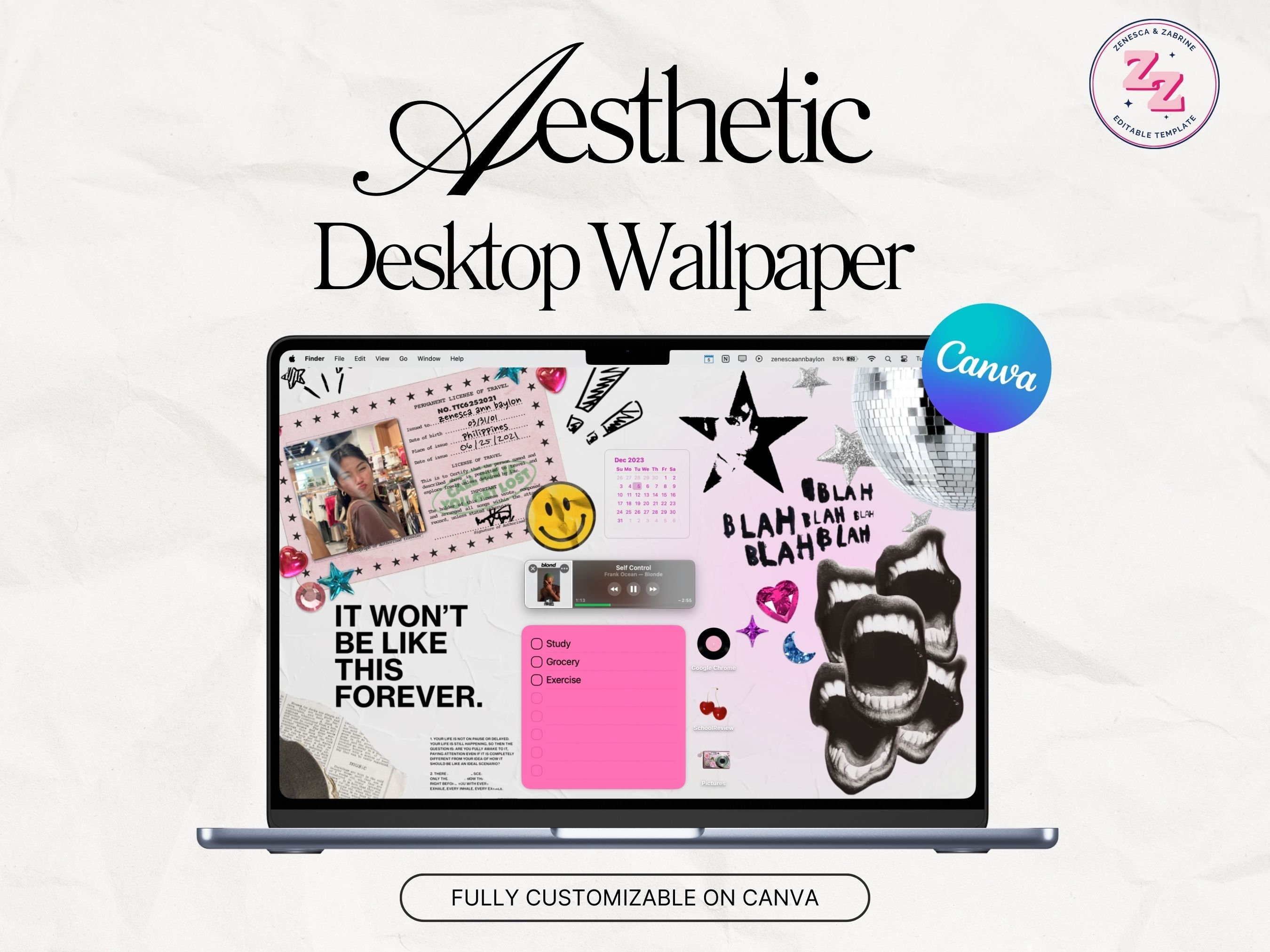 2025 EDITABLE Aesthetic Desktop Macbook Wallpaper | Y2K Customizable Black Pink Hot College Student Girls Study Work Business Productivity