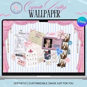 Anpassningsbar kokett estetisk MacBook-bakgrund | Mjuk flicka i rosa collage-skrivbordsbakgrund | Söt vintage Paris-laptopbakgrund