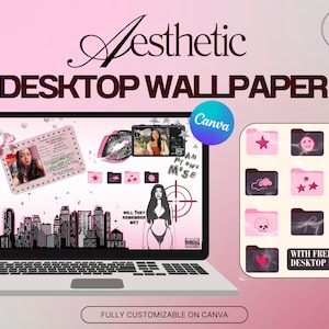 May include: A pink and black aesthetic desktop wallpaper design with a cityscape, a target, and a woman's face. The wallpaper includes the text "Am My Own Muse" and "Will They Remember Me?"  The design also includes a set of free desktop icons with a pink and black color scheme.