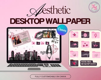 EDITABLE Y2K Desktop Macbook Wallpaper | Y2K Customizable Black Pink for IT GIRL | Available in Windows and Macbook + Folders Icons | 2025