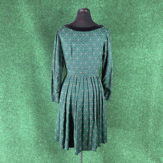 vintage 1960s jacquard dress - ornate forest gree… - image 3