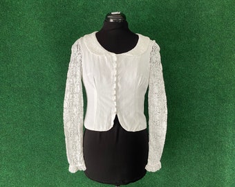vintage wedding blouse/jacket - Peter Pan collar, lace sleeves, white fabric - bride bridal cottage