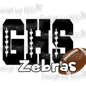 May include: Black and white graphic of the letters GHS with a football design. The text "Zebras" is below the letters.