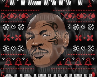 May include: A black and red Christmas sweater with a white knit pattern. The sweater features a portrait of Mike Tyson with the text "Merry Chrithmith!"