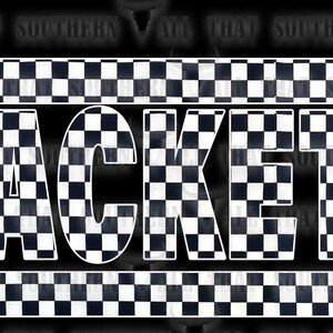 May include: Black and white checkered pattern graphic with the word "JACKETS" in white text.