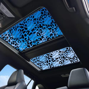 Puede incluir: Techo corredizo de coche con un diseño personalizado con pelotas de béisbol azules y un estampado de leopardo negro. El interior del coche es negro, con una vista del cielo visible a través del techo corredizo.