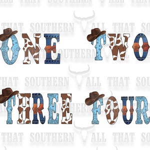 Puede incluir: Diseño digital con temática de vaquero que presenta los números uno, dos, tres y cuatro. Cada número está adornado con un sombrero de vaquero y una mezcla de patrones de mezclilla, bandana y piel de vaca. El texto "ALL THAT SOUTHERN" está en el fondo.