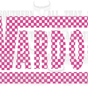 May include: The word "WARDOGS" in a pink and white checkered pattern, with a matching checkered border above and below the text. The background is white.