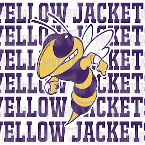 Peut inclure: Un mascotte d'abeille de dessin animé jaune et violet avec des ailes et un sourire. L'abeille est devant le texte "YELLOW JACKETS" répété cinq fois dans une police violette.