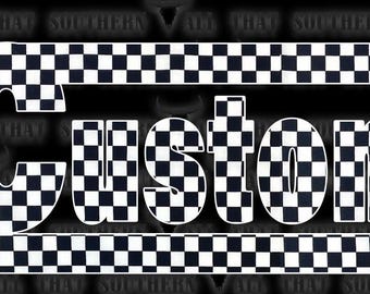 May include: The word "Custom" in bold, white letters, filled with a black and white checkered pattern. The word is centered on a black background, with checkered borders above and below. The overall design is a graphic.