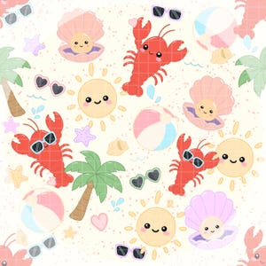 Kawaii Summer Lobster Seamless Pattern PNG Beach Repeat Pattern Digital Paper 12x12 300 DPI