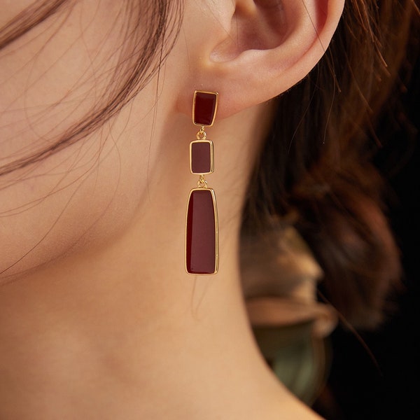 Wine Red Earring | Long Chain Drop Earring | Maroon Earring | Glaze Earring | Red Burgundy Earring | Garnet Earring | Wedding Jewelry