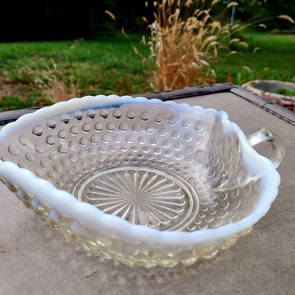 Moonstone Hobnail  Milk Glass Heart Shaped Vintage Bon Bon Dish by Anchor Hocking - Opalescent Handled serving Dish -