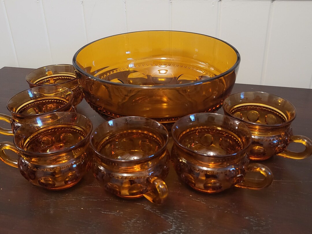 MCM Amber Glass Punch Bowl and Matching Cups Indiana Glass Etsy