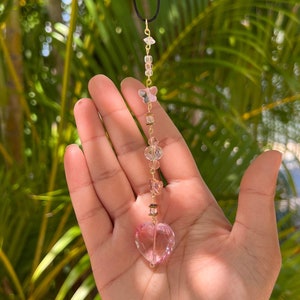 Pink Princess Hearts and Butterfly Car Charm - Sparkling  Rear View Mirror Accessory - 90s and Y2K Aesthetic Car Decor